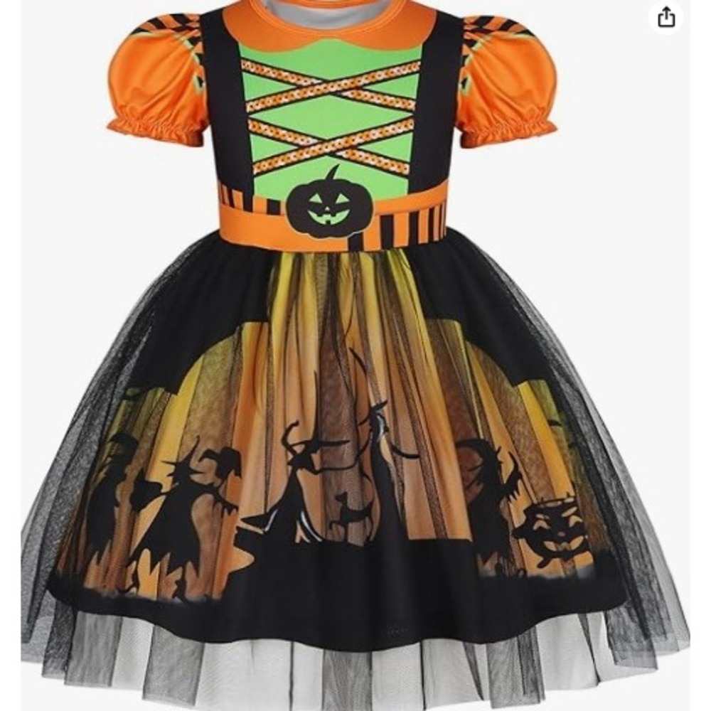 Halloween Pumpkin Witch Costume Dress Kids 3T-4T Orange Tulle Party NEW